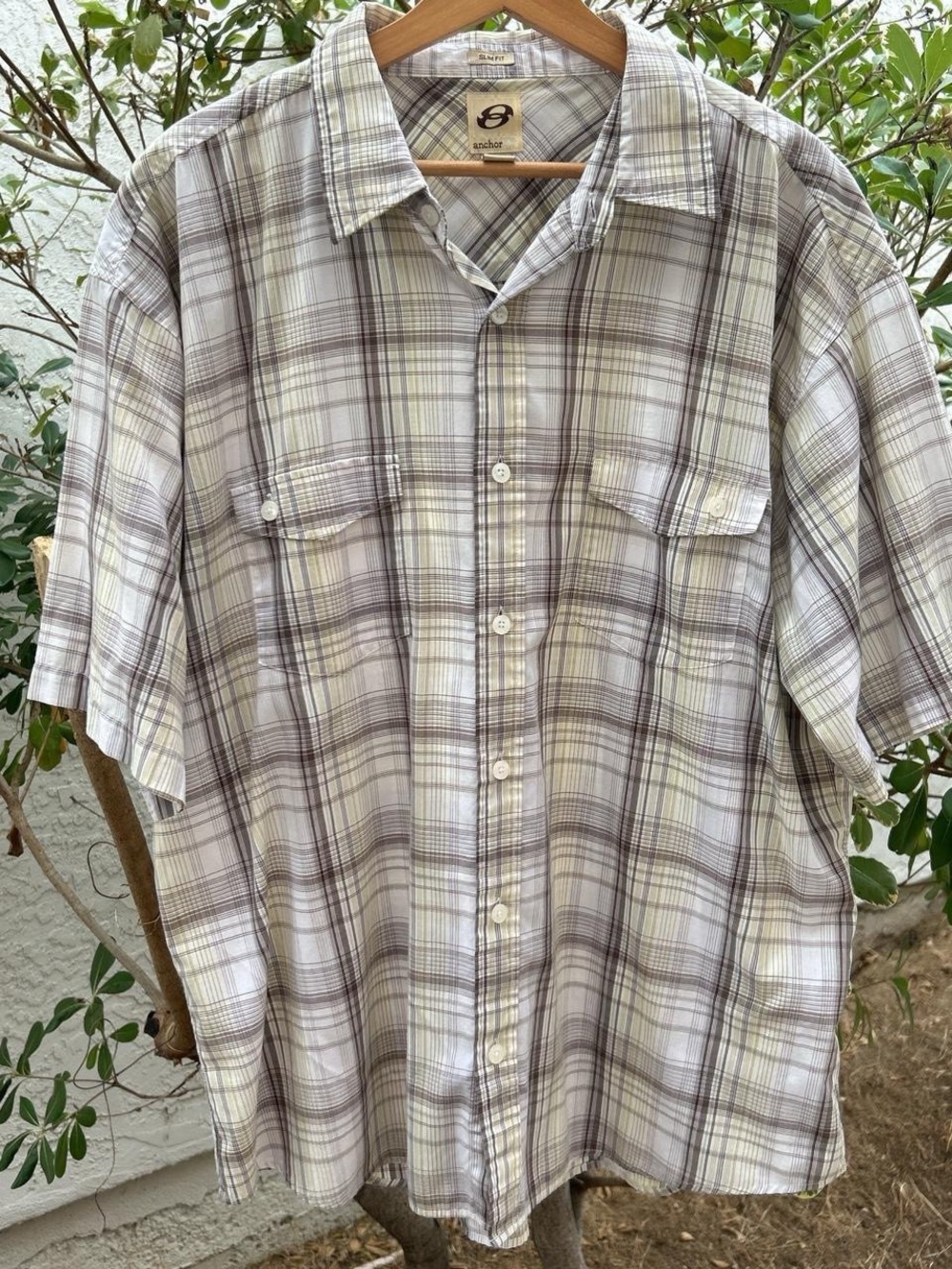 Vintage Y2K Anchor Blue Plaid Short Sleeve Button Up Shirt XXL Slim Fit